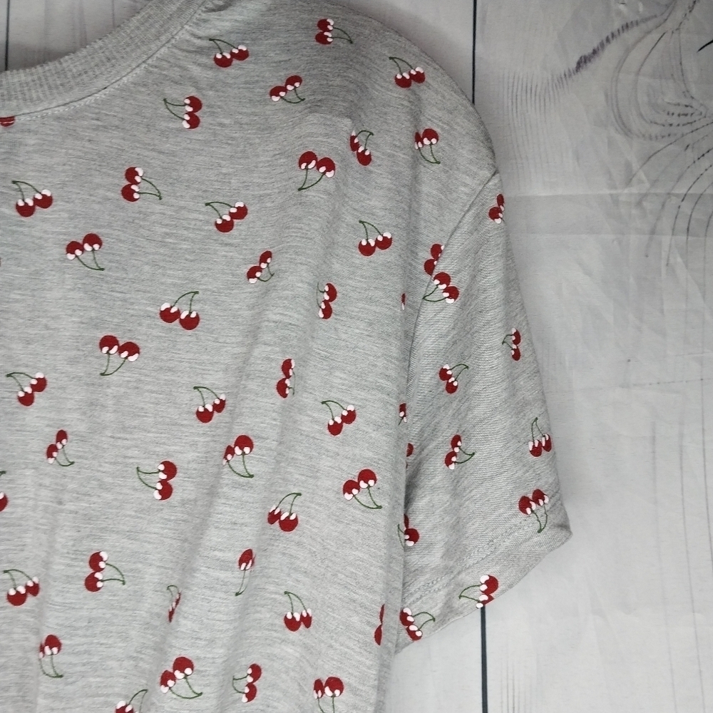 Belle Du Jour Gray Cherry Print Tie Front Casual Crew Neck Y2K Style Shirt - Picture 2 of 10